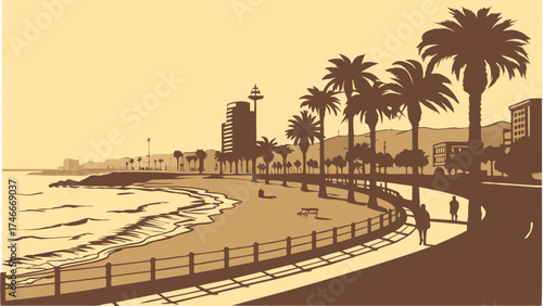 Coastal Promenade with Palm Trees and Ocean View Summer Vacation Design Illustration.