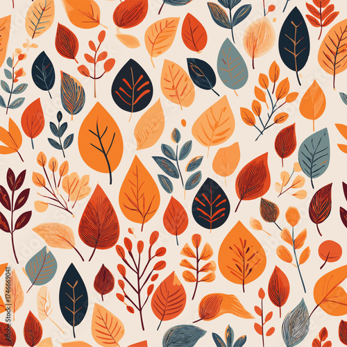 Motif de Feuillages Feuilles simples et découpées Multiples Couleurs Automne - Illustration Nature Végétal Nuances Orange et Brun
