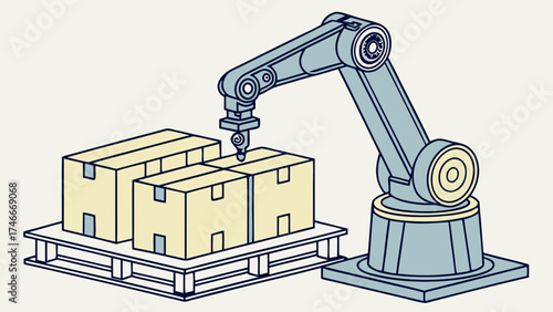 Robotic arm handling cardboard boxes on a pallet automation in warehouse or factory industrial technology illustration.