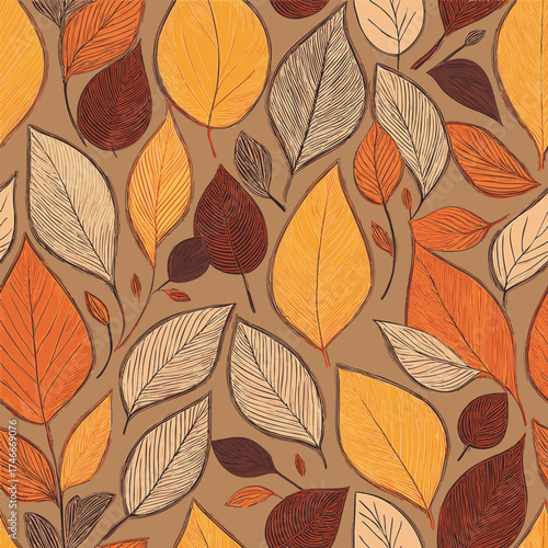 Motif de Feuillages Feuilles simples et découpées Multiples Couleurs Automne - Illustration Nature Végétal Nuances Orange et Brun