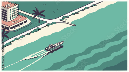 Coastal Scene with Boat and Hotel Summer Vacation Illustration Tropical Getaway Design.