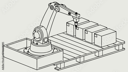 Robotic arm lifting boxes on a pallet automated warehouse logistics industrial automation manufacturing process factory technology 3D isometric illustration.