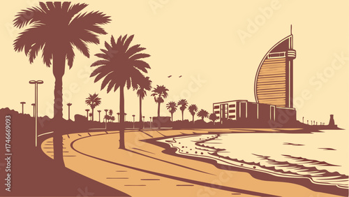 Coastal Scene with Palm Trees and Hotel Tropical Beach Vacation Illustration Summer Holiday Design.