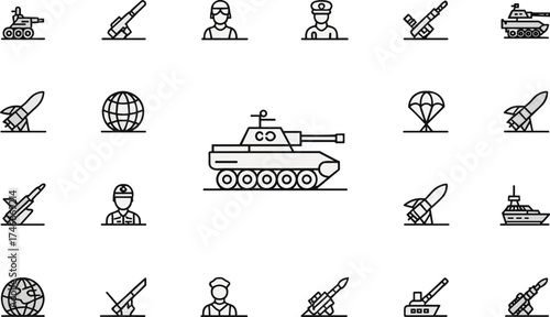 Military weapon vector icon collection, tank, missile, navy ship, soldier, global defense, war technology line illustration, modern army equipment outline design set