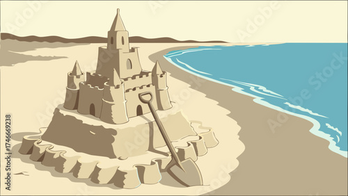 Sandcastle on the beach summer vacation ocean view seaside illustration kids activity playful design castle building coastal scene sandy shore playful art beach vacation summer fun fa.