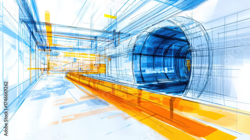Fototapeta Naklejka Na Ścianę i Meble -  Hand drawn sketch of futuristic tunnel design featuring vibrant blue and orange lines, showcasing sci fi aesthetic