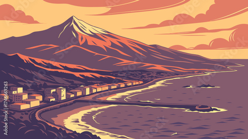 Coastal Town at Sunset with Majestic Mountain View.