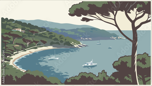 Serene Coastal Landscape with Boats and Trees Calm Ocean Bay Summer Vacation Idyllic Seascape Illustration.