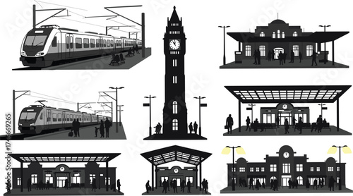 Black and white vector illustration of modern trains, railway stations, clock tower, passengers, transport infrastructure, urban travel, public commuting scene