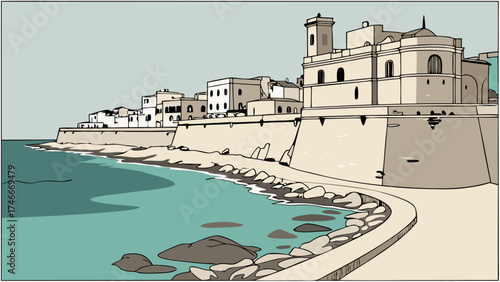 Coastal Town Illustration Seaside Buildings Ocean View Vintage Style Mediterranean Architecture Summer Vacation Travel Poster Cartoon Drawing Artistic Render Cityscape Illustration Wate.