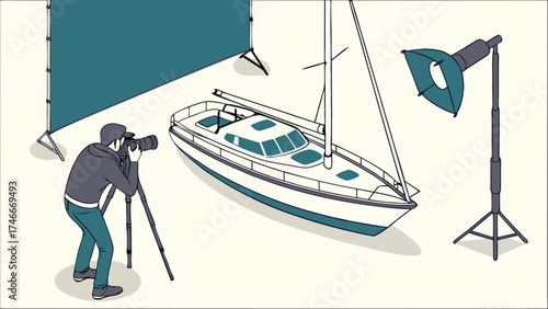 Studio Photographer Shooting a Sailboat Photography Equipment Backdrop Lighting.