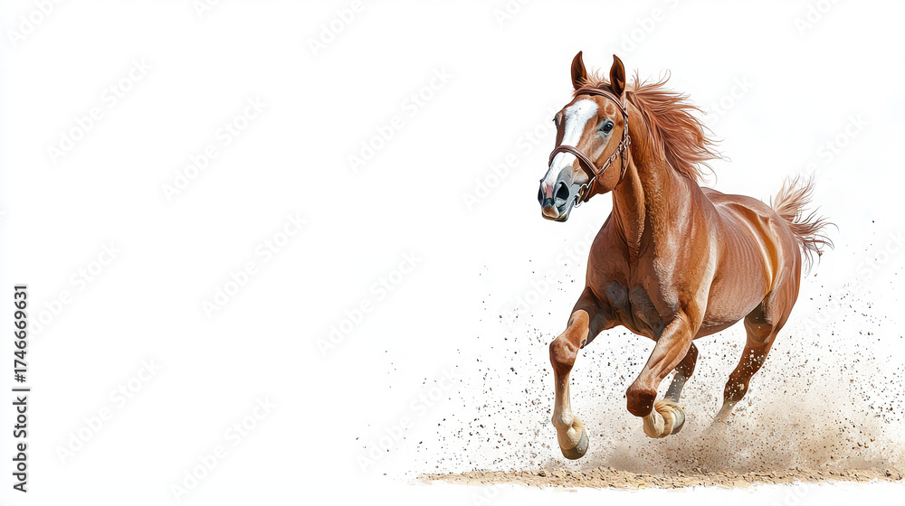 Fototapeta premium Powerful horse gallops across sandy surface, kicking up dust with its hooves, showcasing strength and grace in motion