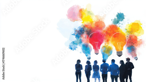 Creative brainstorming session with diverse individuals standing together, colorful light bulbs representing ideas above them, vibrant