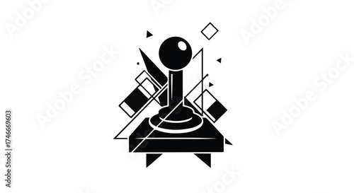 Retro joystick with abstract geometric shapes, symbolizing gaming and technology.
