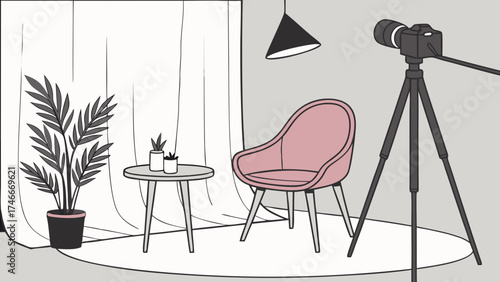 Studio Photography Setup with Chair Camera and Plants.