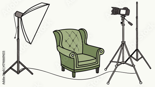 Studio Photography Setup with Chair Lighting and Camera on Tripod.