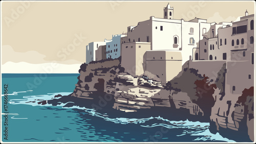 Coastal Town on Clifftop Ocean View Vintage Style Illustration.