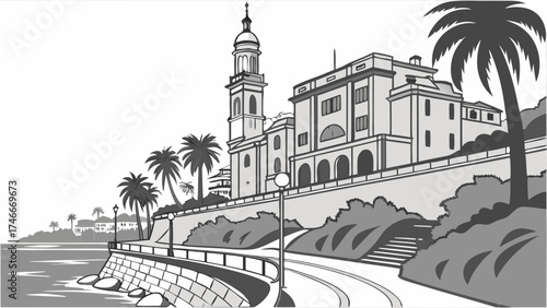 Coastal Town Scenic View Black and White Illustration of Architecture Palm Trees and Ocean Promenade.