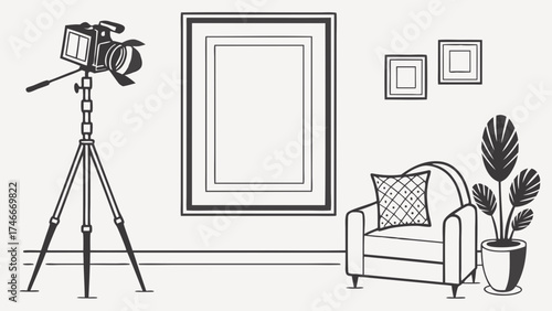 Studio Setup Camera on Tripod with Lighting Chair and Plants for Photography or Videography.