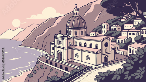 Coastal Town with Church at Sunset Mediterranean Style Illustration.