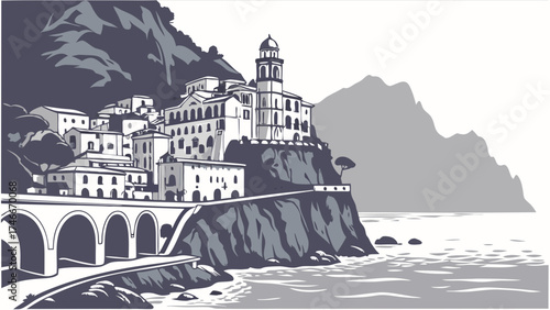 Coastal Town Cliffside Architecture Seaside Village Mediterranean Style Ocean View European Village Hillside Town Arch Bridge Sea Vacation Destination Travel Tourism Landscape Illust.