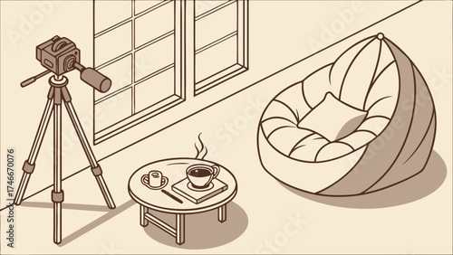 Studio Setup with Camera on Tripod Beanbag Chair and Coffee Table.