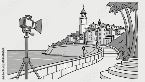 Coastal Town Studio Lighting Film Production Artistic Illustration Waterside Buildings.