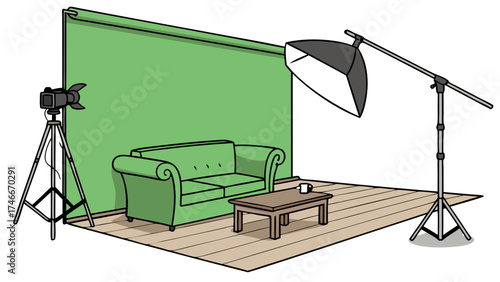 Studio Setup with Green Screen Lighting and Sofa for Video Production or Photography.