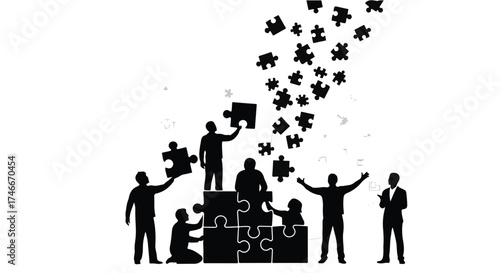 Diverse team collaborates to build a solution, connecting puzzle pieces in a symbolic representation of unity and success.
