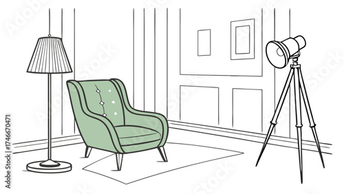 Stylish Room Interior Design Sketch with Armchair Floor Lamp and Studio Lighting.