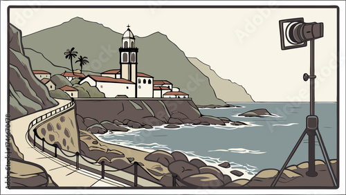 Coastal Village Scene with Film Lighting Equipment Artistic Illustration Mediterranean Style.