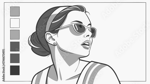 Stylish Woman with Sunglasses Black and White Vector Portrait Fashion Illustration Graphic Design Element.
