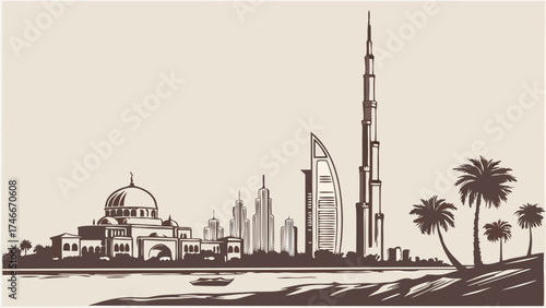 Stylized Cityscape Illustration with Skyscrapers Mosque and Palm Trees.