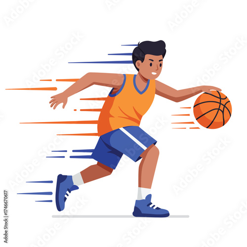 A dynamic young basketball player skillfully dribbles the ball with speed and agility, showcasing athletic prowess in a vibrant vector illustration.