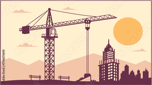 Construction Site with Tower Crane and High-Rise Building Under Construction at Sunset Silhouette Illustration.