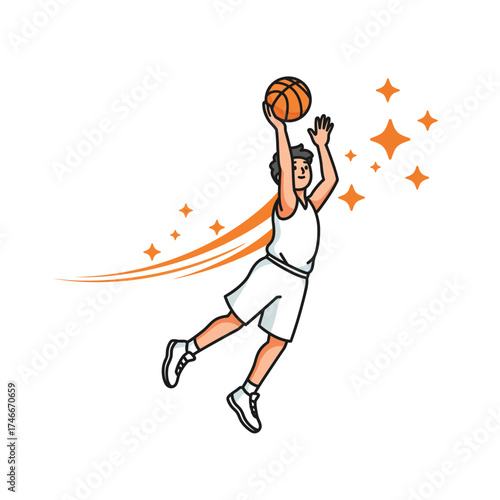 A dynamic illustration captures a young male basketball player in mid-air, skillfully shooting the hoop during an intense game, symbolizing athleticism and triumph.