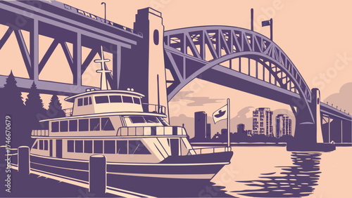 Stylized illustration of a ferry docked near a bridge and cityscape at sunset.