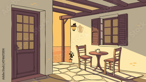 Cozy Patio Scene with Table and Chairs Warm Sunset Lighting Mediterranean Style Illustration.