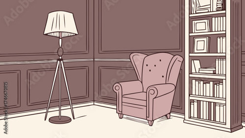 Cozy reading nook with armchair floor lamp and bookshelf illustration home interior design comfortable living room elegant furniture vintage style book collection relaxation space home d.