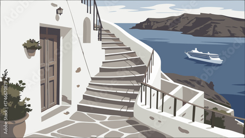 Curved Staircase Overlooking Ocean with Cruise Ship and Mediterranean Architecture.