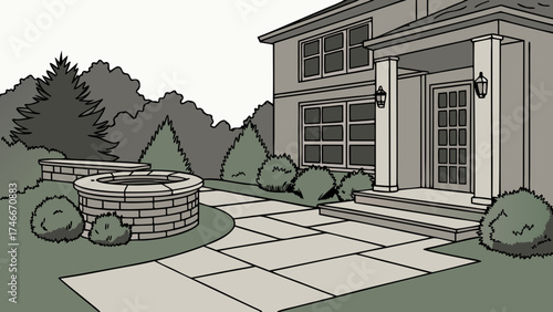 Suburban house exterior with landscaping and walkway design illustration.