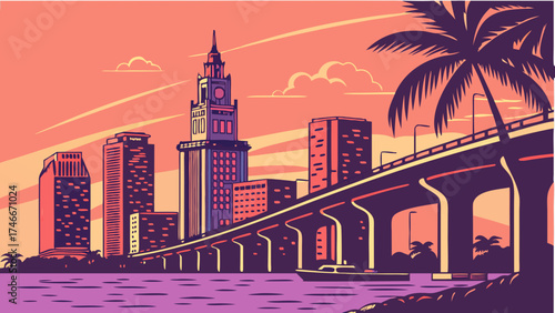 Sunset Cityscape with Elevated Highway and Palm Trees.