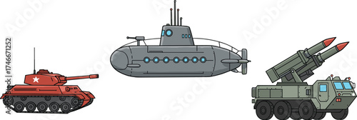 Military, tank, submarine, missile, launcher, truck, war, weapon, defense, combat, vehicle, navy, army, artillery, silhouette, vector, isolated, technology, 