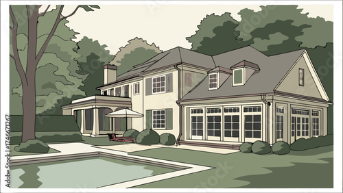 Elegant Suburban House with Pool and Lush Greenery.