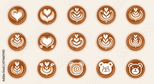 Vector Icons Set of A diverse collection of coffee latte art designs from above. Vector Illustrations. EPS Editable