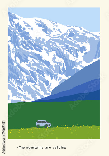 Road Trip Poster of a Van Driving Through Alpine Mountain Valley with Snowy Peaks. Mountain Landscape with Green Meadow. Journey to the Mountains Inspirational Travel Poster.