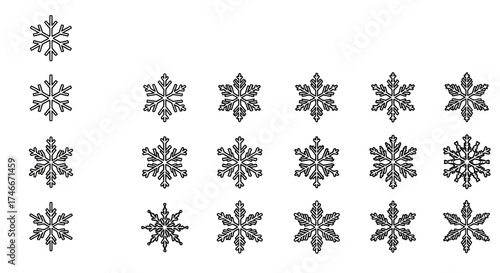 Vector Icons Set of A diverse collection of intricate black snowflake icons for winter. EPS Editable