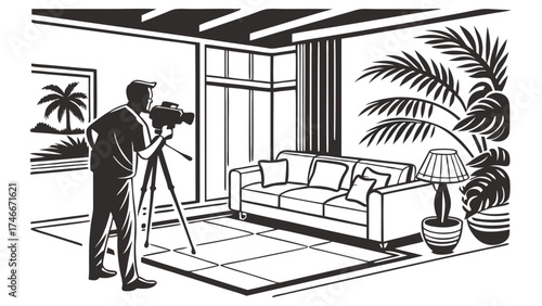 Filming a living room interior with camera on tripod.