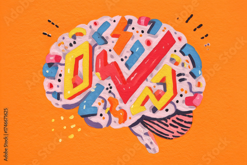 Colorful abstract brain with geometric patterns and symbols on orange background