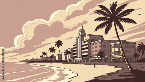 Tropical Beachfront Hotel at Sunset Ocean View Palm Trees Coastal Illustration.